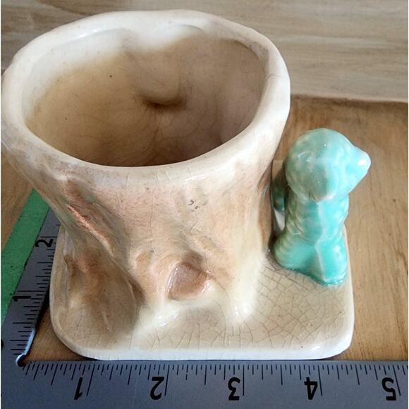 Vintage Morton Pottery Nursery Planter Mint Green Lamb w/ Tree Stump See Pic. - Picture 9 of 10